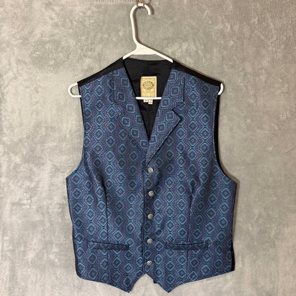 Vintage Waist Maker M Blue Geometric Western Vest USA Frontier Gambler Reenact